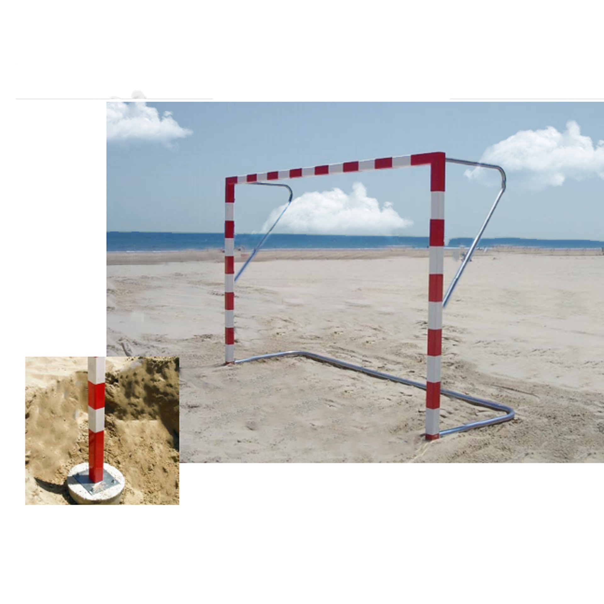 JUEGO DE 2 PORTERÍAS BALONMANO PLAYA ALUMINIO CON PLETINA DE AMARRE Y ARQUILLOS Y BASE GALVANIZADA